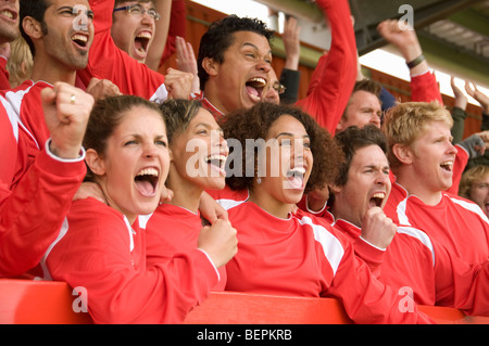 Fans feiern bei Fußballspiel Stockfoto