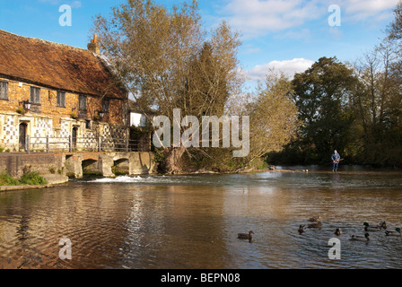 ein Fischer ein Herbstmorgen Fischerei in den Mühlenteich auf den Strandwiesen in Salisbury Stockfoto