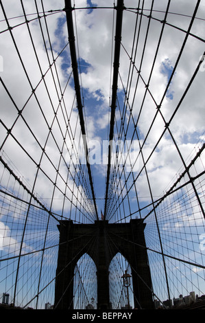 Die Brooklyn Bridge in New York City erschossen vor einem blauen Himmel mit einem Weitwinkel-Objektiv. Stockfoto