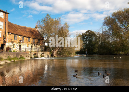 ein Fischer ein Herbstmorgen Fischerei in den Mühlenteich auf den Strandwiesen in Salisbury Stockfoto