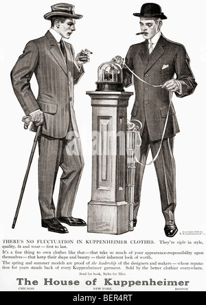 Werbung für das Haus der Kuppenheimer Kleidung Darstellung zwei elegant gekleidet Geschäftsleute den Ticker Tape-Automaten. Stockfoto