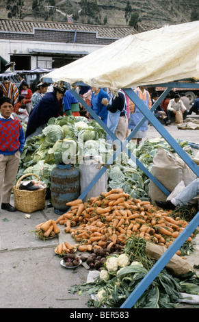 Riesiger Haufen von Karotten unter Stall Markise mit paar rote Beete und Blumenkohl im Vordergrund.  Ecuador Hochland lokalen Markt. Stockfoto