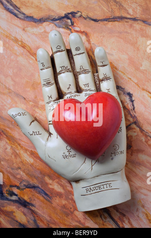 Palm Reader Hand mit roten steinerne Herz Stockfoto