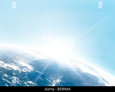 Sonnenlicht hinter der Erde, Computer Grafik, blauer Hintergrund Stockfoto