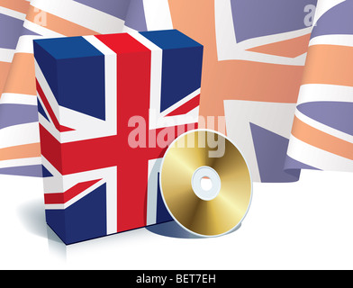 Englische Software Box mit Nationalflagge und CD. Stockfoto