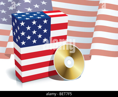 Amerikanischen Software-Box mit Nationalflagge und CD. Stockfoto