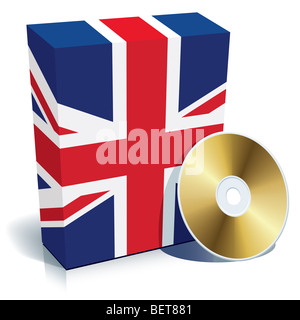 Englische Software Box mit Nationalflagge Farben und CD. Stockfoto