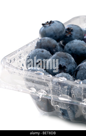 Frische Heidelbeeren in einem klaren Plastikbehälter Stockfoto