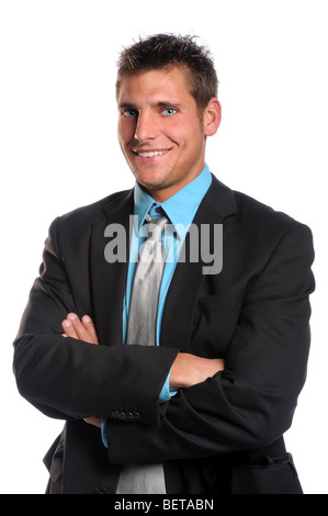 Geschäftsmann lächelnd mit Armen hinüber weißen Hintergrund isoliert Stockfoto