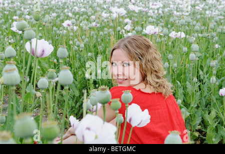 Schöne kaukasischen Frau in einem weißen Mohnfeld Stockfoto