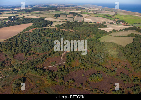 eine Luftaufnahme von Kelling Heath Nature Reserve und Ackerland Norfolk Stockfoto