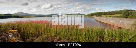 Clatteringshaw Loch und Dam-Panorama Stockfoto