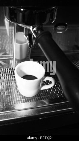 Frisch gemahlener Kaffee verzichtet wird durch eine Kaffeemaschine Stockfoto