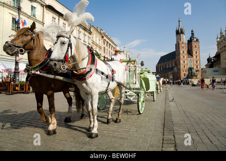 Pferdekutsche, warten auf Touristen Passagiere in The Main Market Square / Marktplatz & St Marys Basilica. Krakau. Polen. Stockfoto