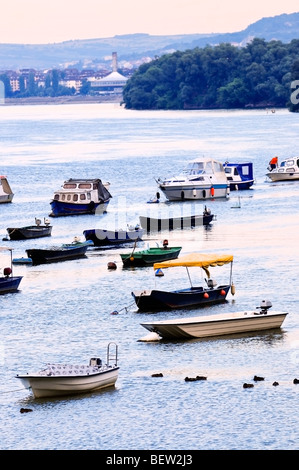 Viele kleine Fischerboote auf Donau verankert. Blick von Zemun Teil von Belgrad. Stockfoto