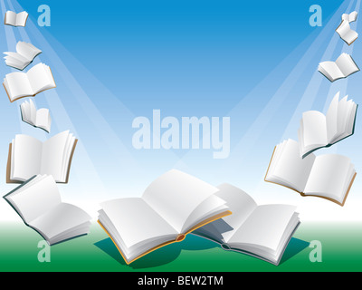 Öffnen Sie fliegende Bücher, blauer Hintergrund mit Sonnenschein. Stockfoto