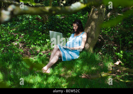 Schwangere Frau mit Laptop in Wald Stockfoto
