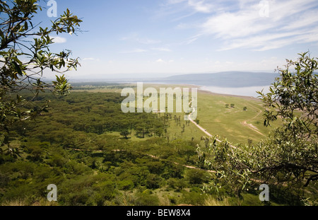 Landschaft und Blick auf Lake Nakuru, Lake-Nakuru-Nationalpark, Kenia, erhöhte Ansicht Stockfoto