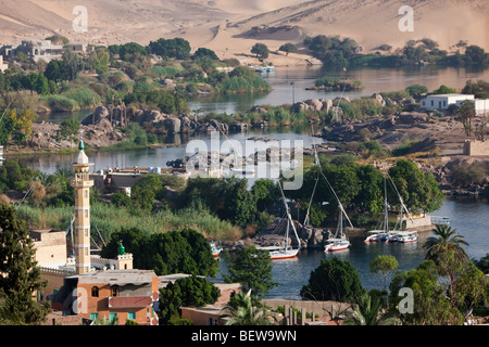 Blick auf den Nil Landschaft von Aswan, Assuan, Ägypten Stockfoto