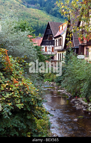 Typische Alsace befindet sich angrenzend an den Fluss Weiss bei Kaysersberg Elsass Frankreich Stockfoto