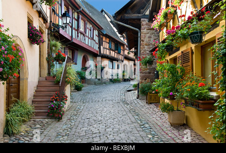 Ruhigen gepflasterten Straße "rue du Rempart" mit traditionellen Häusern und floralen Balkonkästen in Eguisheim Elsass Frankreich Stockfoto