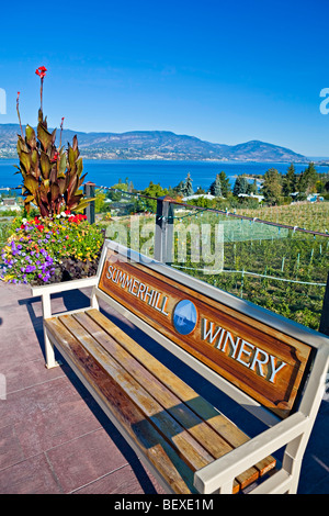 Parkbank in Summerhill Pyramid Winery, eine zertifizierte Bio-Weinberg, Kelowna, Okanagan, British Columbia, Kanada. Stockfoto