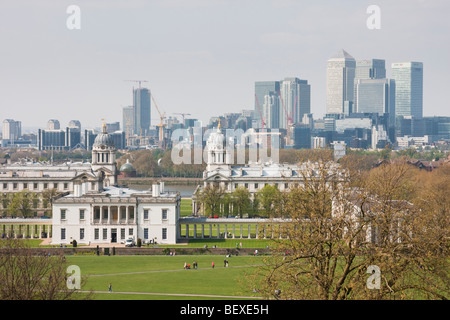 Die Aussicht vom Hügel in Greenwich Park, London UK. Stockfoto