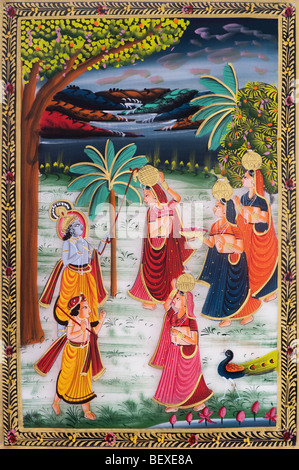 Traditionelle indische Seidenmalerei Darstellung einer Szenenverlaufs aus Mahabharata mit Krishna und Gopi Stockfoto