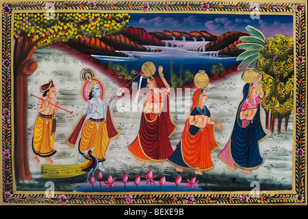 Traditionelle indische Seidenmalerei Darstellung einer Szenenverlaufs aus Mahabharata mit Krishna und Gopi Stockfoto