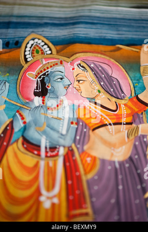 Traditionelle indische Seidenmalerei Darstellung einer Szene aus der Mahabharata mit Krishna und Gopi. Indien Stockfoto
