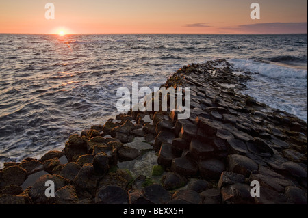 Giant es Causeway, säulenförmigen Basalt bei Sonnenuntergang, World Heritage Site, County Antrim, Nordirland Stockfoto