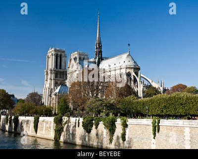 Kathedrale Notre-Dame vom Ufer aus gesehen. Die fliegenden Steinstrehlen und 90m Turm zu zeigen. Paris Frankreich Stockfoto