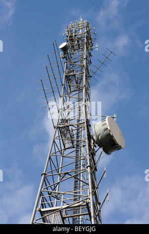 Funkmasten auf den North Downs in Kent, England. Stockfoto