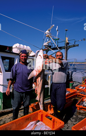 Portugal, Algarve: Fischer mit einem Hai im Hafen von Sagres Stockfoto