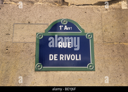 Europa Frankreich Paris Rue de Rivoli Straße Zeichen Stockfoto