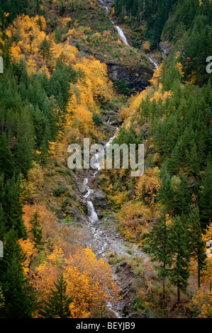 Herbstliche Farben hervorheben dieser Wasserfall-Szene auf dem North Cascades Highway in der Nähe von Ross Lake im Bundesstaat Washington aufgenommen. Stockfoto