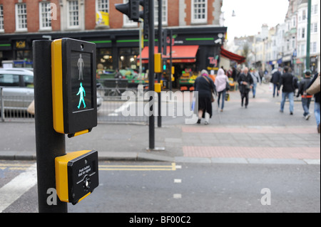 Neue Papageitaucher Fußgängerüberwege im Stadtzentrum von Brighton gibt dem blinkende grünen Mann Entwarnung zu überqueren Stockfoto