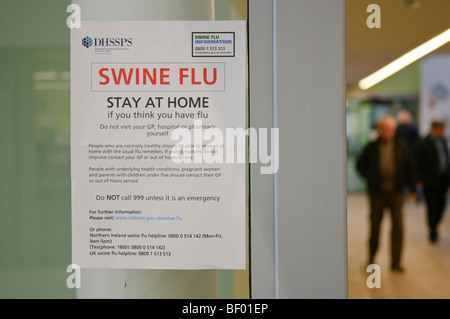 Schweinegrippe Informationen Plakate auf dem Display an einem GP-Chirurgie in Nordirland. Stockfoto