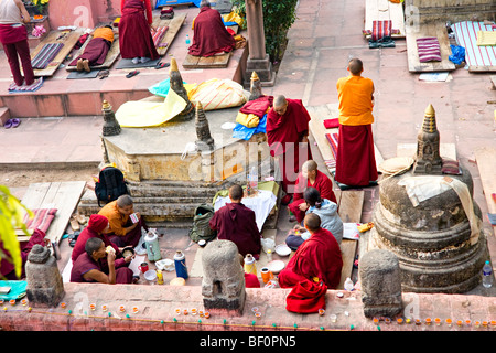 Mönche beten am Mahabodhi-Tempel in Bodhgaya, Indien. Stockfoto