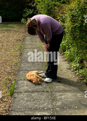 Katze Rollin vor den Füßen der Frau Stockfoto