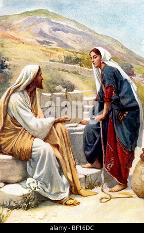 Malerei von der Frau von Samaria, die Samariterin am Brunnen mit Jesus gemalt von Harold Copping zeigt Stockfoto