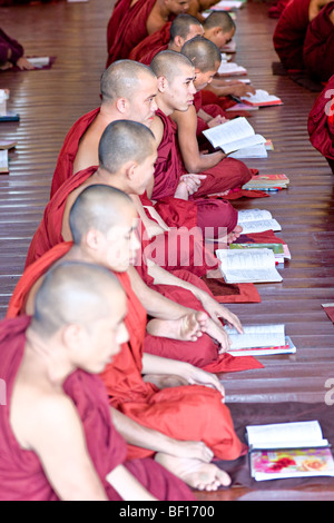 Mönche Studium innerhalb einer Schule, Bago, Yangon, Myanmar. Stockfoto