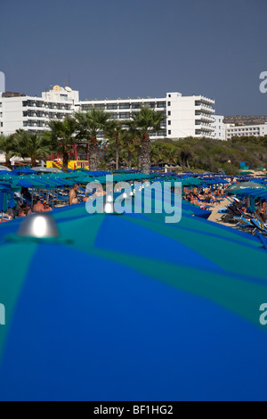 Umbrellla Sonnenschirme am Hafen Strand Ayia Napa Zypern Europa Stockfoto