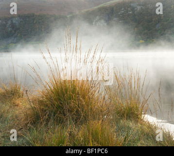 Frühen Morgennebel steigt von der Oberfläche des Derwentwater, Cumbria. Stockfoto