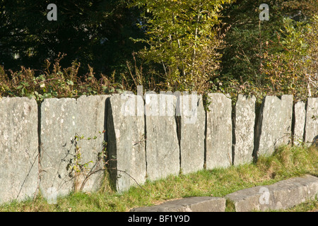 Wand in Grange in Borrowdale im Lake District mit flach Schieferplatten, manchmal bekannt als Shard Zaun erstellt. Stockfoto