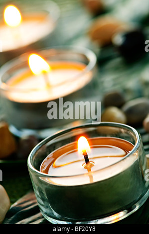 Brennende Kerzen in Glashaltern auf grünes Blatt Stockfoto