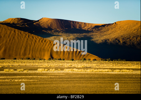 Sonnenuntergang NAMIBIA Wüste SOSSUSVLEI Dünen gelb rot orange Sand Staub breite Land Landschaft Sesriem Naukluft NP Nationalpark nationa Stockfoto