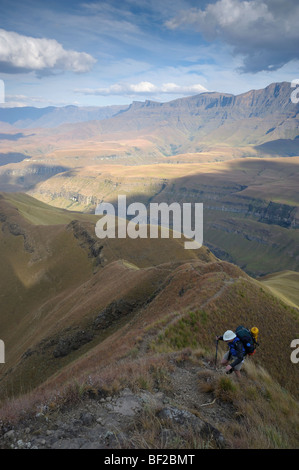 Wanderer, Klettern einen Sporn aus Cathedral Peak mit der Drakensberge Böschung im Hintergrund, Cathedral Peak Abschnitt, Drakensberge Stockfoto