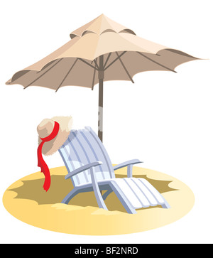 Sommerurlaub, Sessel und Sonnenschirm an einem tropischen Strand. Stockfoto