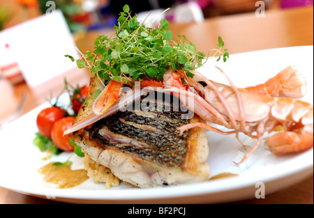 Wild Sea Bass Filet mit Langusten und Hummer-Risotto serviert serviert in der Galerie Bistro in Hove UK Stockfoto